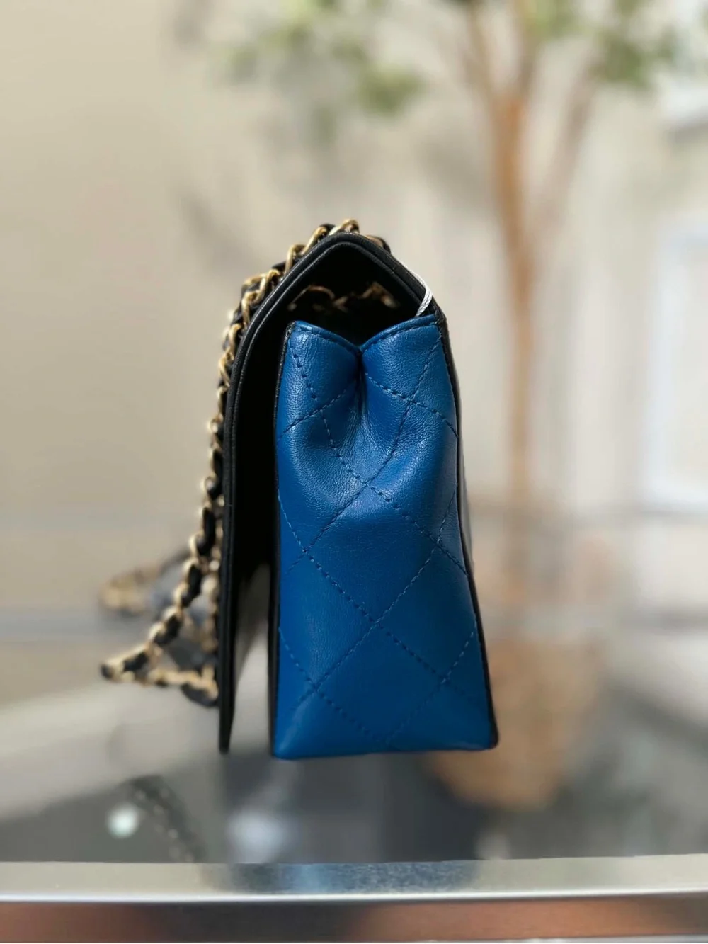 CHANEL Quilted Blue Center Panel Shoulder Bag with Black Trim